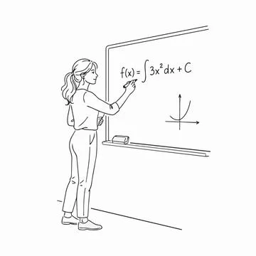 Math teacher writing equation on blackboard, woman in classroom, education .. Stock Illustration