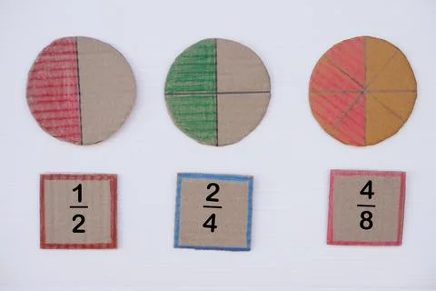 Math teaching materials about fraction. Circle paper to show parts of color sepa Stock Photos
