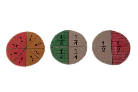 Math teaching materials about fraction. Circle paper to show parts of color sepa Stock Photos