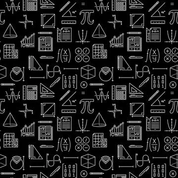 Math thin line dark pattern - Mathematics Education vector seamless backgroun Stock Illustration