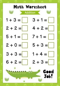 Math worksheet for kids. Addition. Matematic activity page with a cute alligator 库存插图
