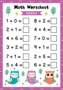 Math worksheet for kids. Addition. Mathematic activity page with cute owls Stock Illustration