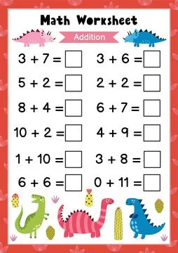 Math worksheet for kids. Addition. Mathematic activity page with cute dinosaurs Stock Illustration