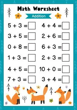 Math worksheet for kids. Addition. Mathematic activity page with cute foxes Stock Illustration