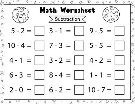 Math worksheet for kids. Subtraction. Space black and white mathematic activity Stock Illustration