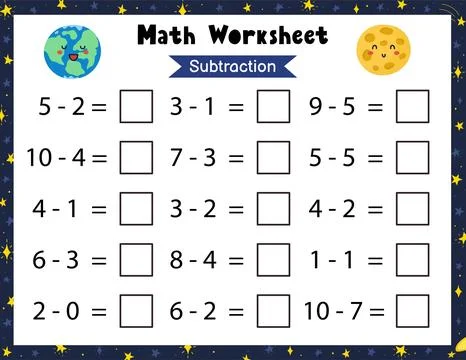 Math worksheet for kids. Subtraction. Space mathematic activity page with cute Stock Illustration