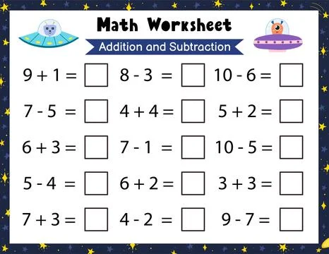Math worksheet for kids. Subtraction. Space mathematic activity page with cute Stock Illustration