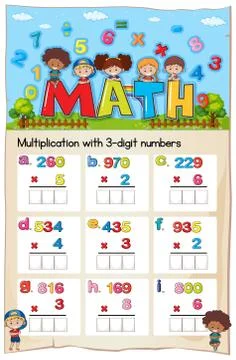 Math worksheet for multiplication with three digit numbers Stock Illustration