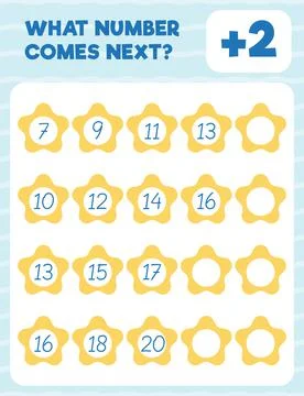 Math worksheet practice print page. What number comes next? Count and write. Stock Illustration