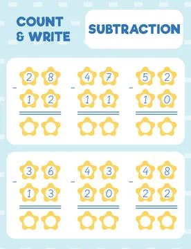 Math worksheet practice print page. Double digit subtraction. Column method. Stock Illustration