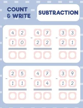 Math worksheet practice print page. Double digit subtraction. Column method. Illustrazione stock