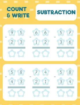 Math worksheet practice print page. Double digit subtraction. Column method. Stock Illustration