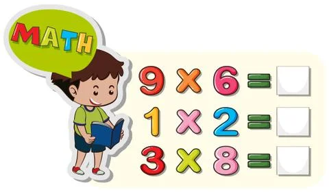 Math worksheet template with boy and multiplication problems 스톡 일러스트
