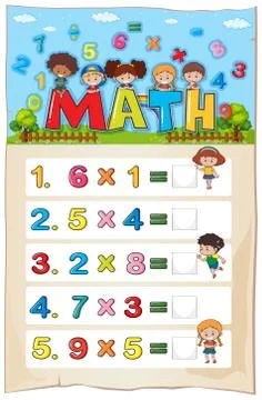 Math worksheet template with kids and multiplication problems イラスト素材