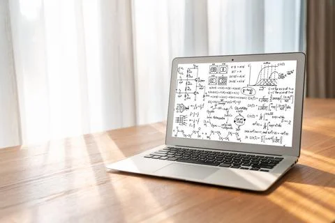 Mathematic equations and modish formula on computer screen 스톡 사진