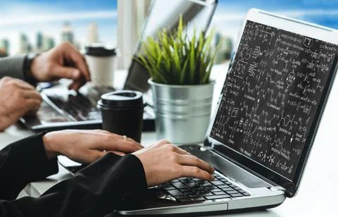 Mathematic equations and modish formula on computer screen Stock Photos
