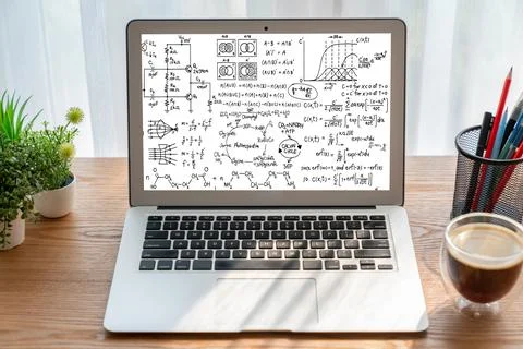 Mathematic equations and modish formula on computer screen 스톡 사진
