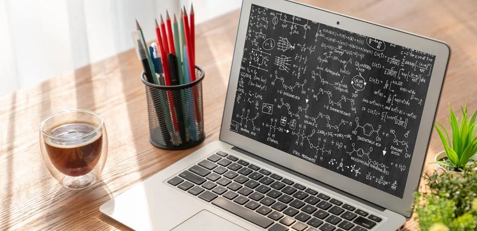 Mathematic equations and modish formula on computer screen Stock Photos