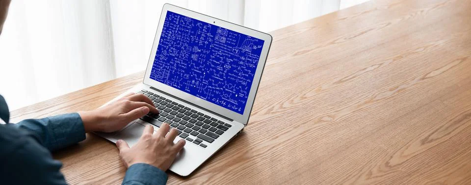 Mathematic equations and modish formula on computer screen 스톡 사진