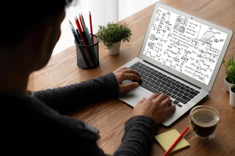Mathematic equations and modish formula on computer screen 스톡 사진