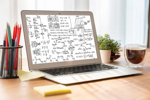 Mathematic equations and modish formula on computer screen 库存照片
