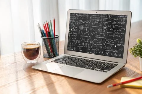 Mathematic equations and modish formula on computer screen 스톡 사진
