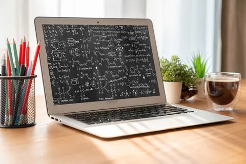 Mathematic equations and modish formula on computer screen 스톡 사진