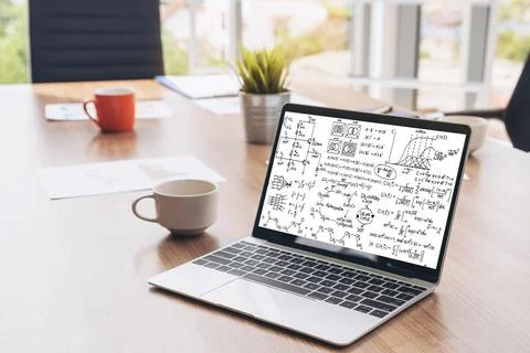 Mathematic equations and modish formula on computer screen Stock Photos