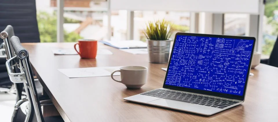 Mathematic equations and modish formula on computer screen Stock Photos