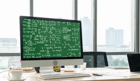 Mathematic equations and modish formula on computer screen 库存照片