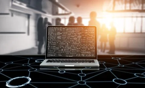 Mathematic equations and modish formula on computer screen 스톡 사진