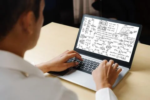 Mathematic equations and modish formula on computer screen Stock Photos