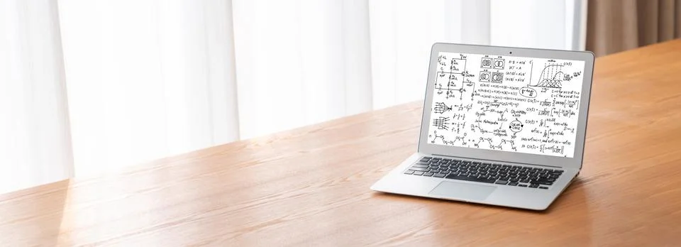 Mathematic equations and modish formula on computer screen 스톡 사진