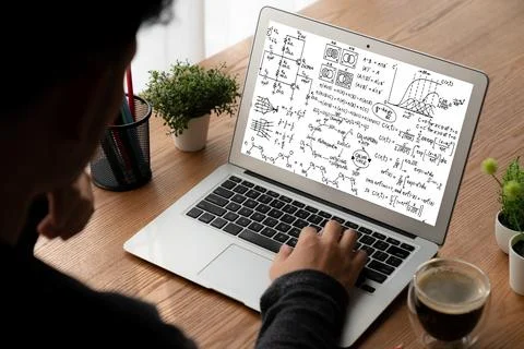 Mathematic equations and modish formula on computer screen 스톡 사진