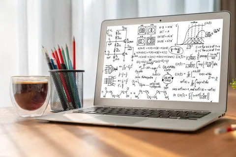 Mathematic equations and modish formula on computer screen Stockfoto's