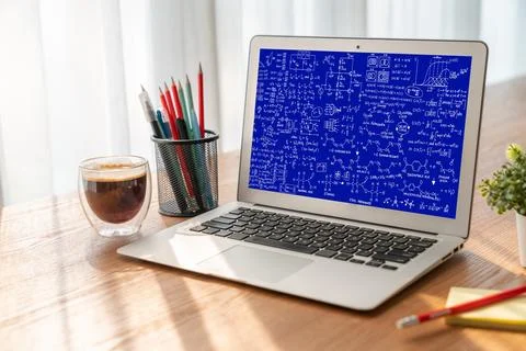 Mathematic equations and modish formula on computer screen 写真素材