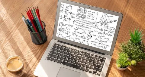 Mathematic equations and modish formula on computer screen Stock Photos