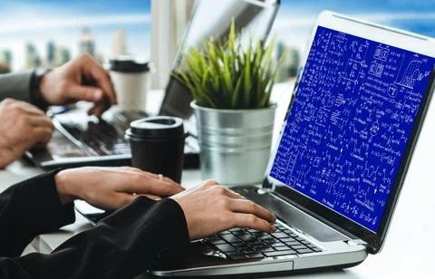 Mathematic equations and modish formula on computer screen Stock Photos