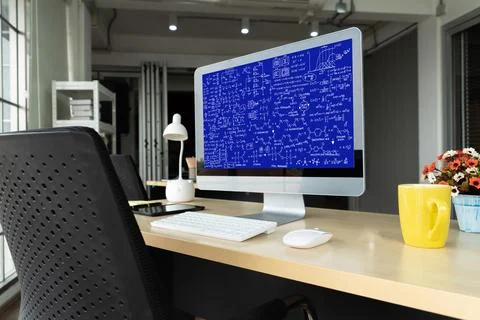 Mathematic equations and modish formula on computer screen 스톡 사진