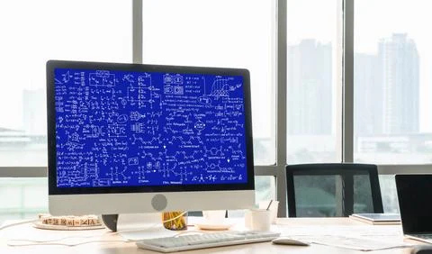 Mathematic equations and modish formula on computer screen 库存照片
