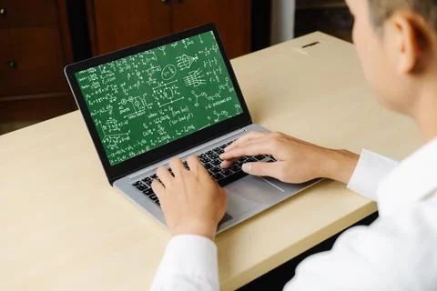 Mathematic equations and modish formula on computer screen 스톡 사진