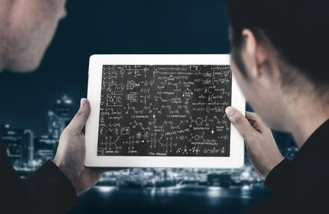 Mathematic equations and modish formula on computer screen 스톡 사진