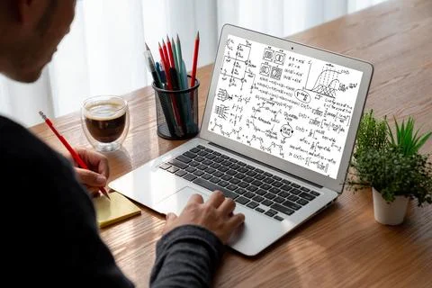 Mathematic equations and modish formula on computer screen Stock Photos