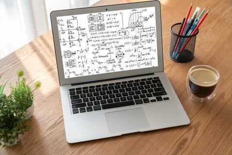 Mathematic equations and modish formula on computer screen 库存照片