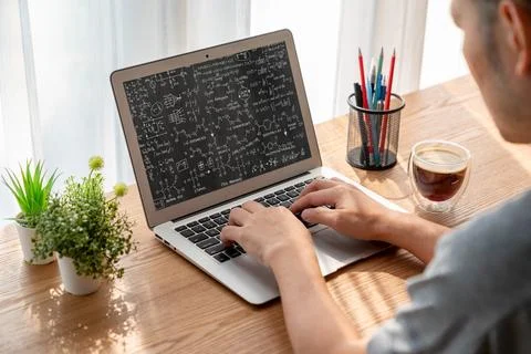 Mathematic equations and modish formula on computer screen 写真素材