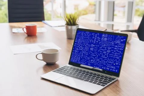 Mathematic equations and modish formula on computer screen 库存照片