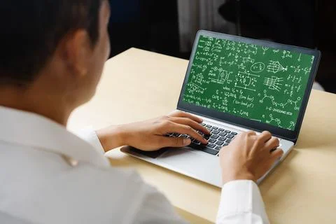 Mathematic equations and modish formula on computer screen 스톡 사진