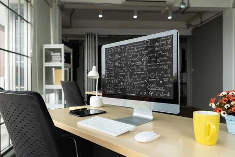 Mathematic equations and modish formula on computer screen 스톡 사진