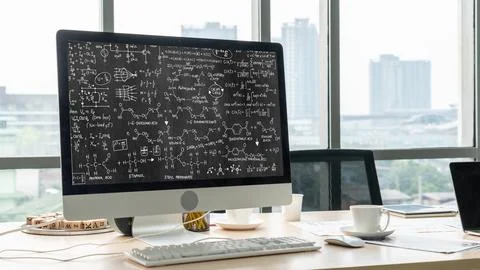 Mathematic equations and modish formula on computer screen 스톡 사진