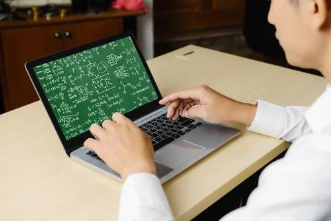 Mathematic equations and modish formula on computer screen 스톡 사진
